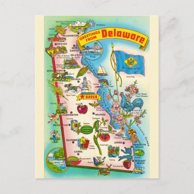 Cartão Postal Mapa Antigo de Delaware  (Frente)