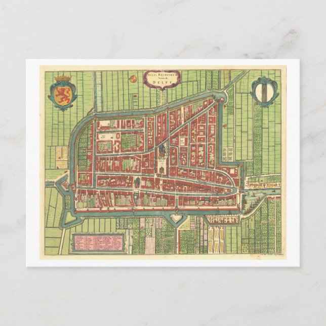 Cartão Postal Mapa antigo de Delft, Países Baixos, (Frente)