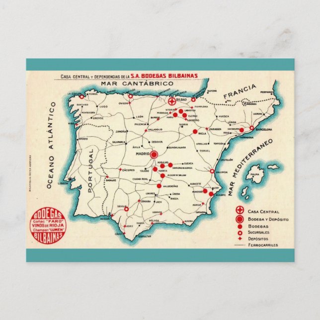 Cartão Postal Mapa Antigo de Espanha (Frente)