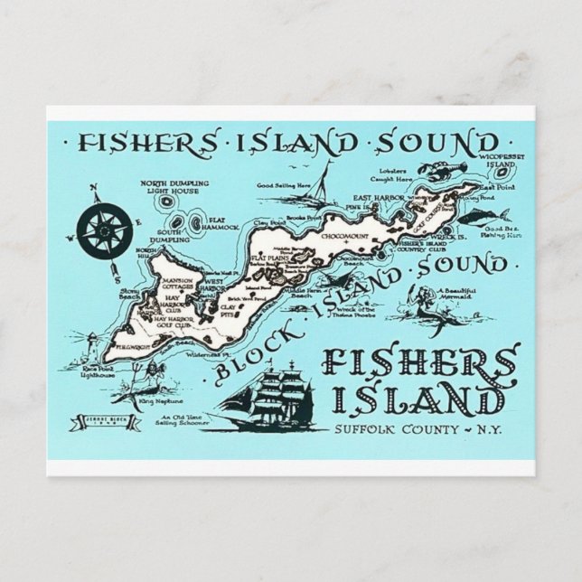 Cartão Postal Mapa Antigo de Fishers Island NY (Frente)