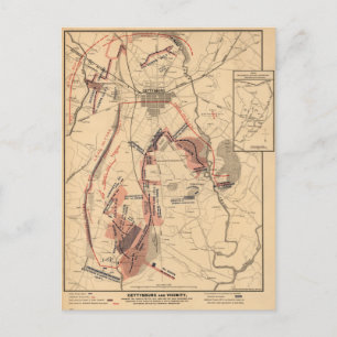 Cartão Postal Mapa Antigo de Gettysburg e Arredores, Julho de 18