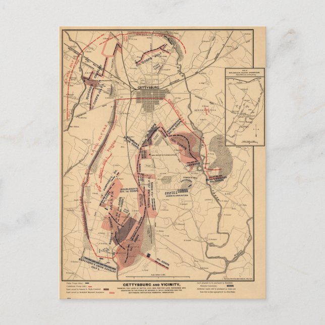 Cartão Postal Mapa Antigo de Gettysburg e Arredores, Julho de 18 (Frente)