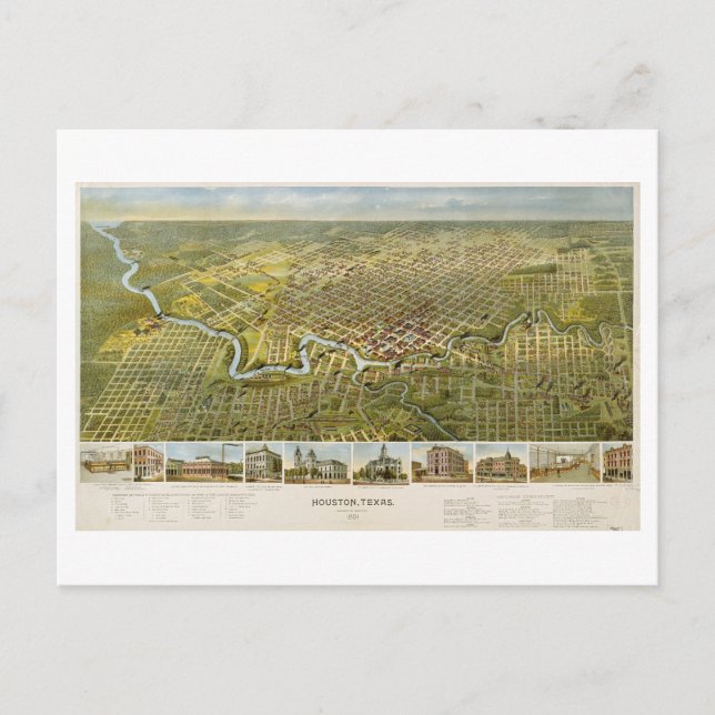 Cartão Postal Mapa antigo de Houston, no Texas, em 1891 (Frente)