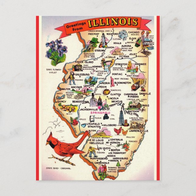 Cartão Postal Mapa Antigo de Illinois (Frente)