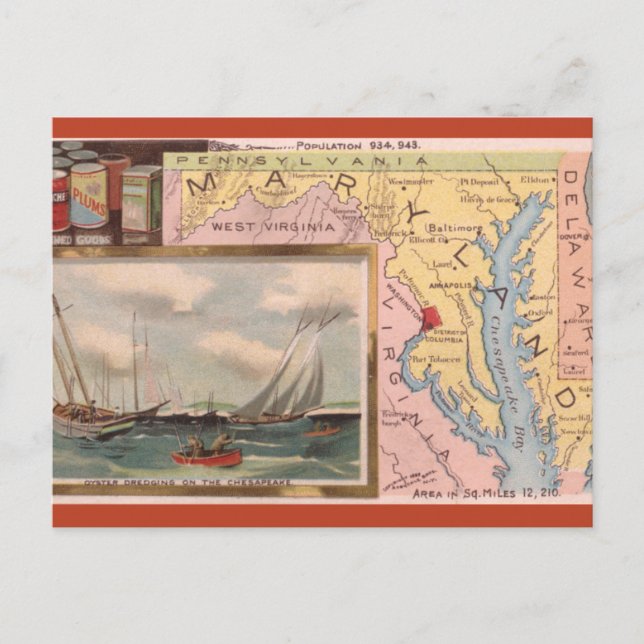 Cartão Postal Mapa Antigo de Maryland (Frente)