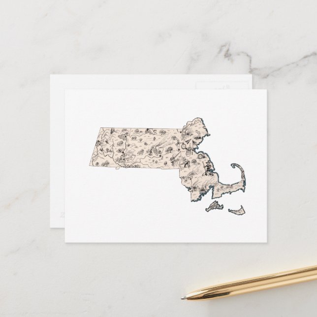 Cartão Postal Mapa Antigo de Massachusetts com Imagens Antigas C (Frente/Verso In Situ)