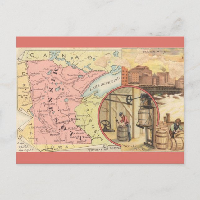 Cartão Postal Mapa Antigo de Minnesota (Frente)