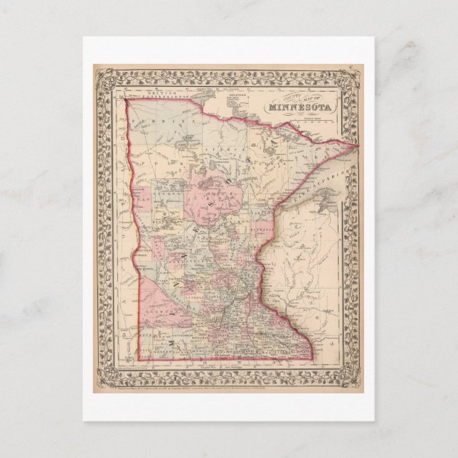 Cartão Postal Mapa antigo de Minnesota 1868 (Frente)