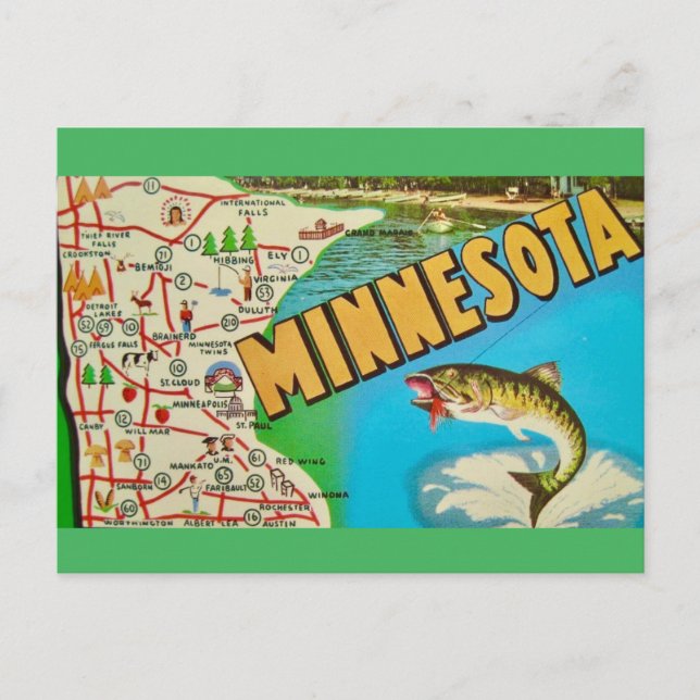 Cartão Postal Mapa Antigo de Minnesota com Peixes (Frente)