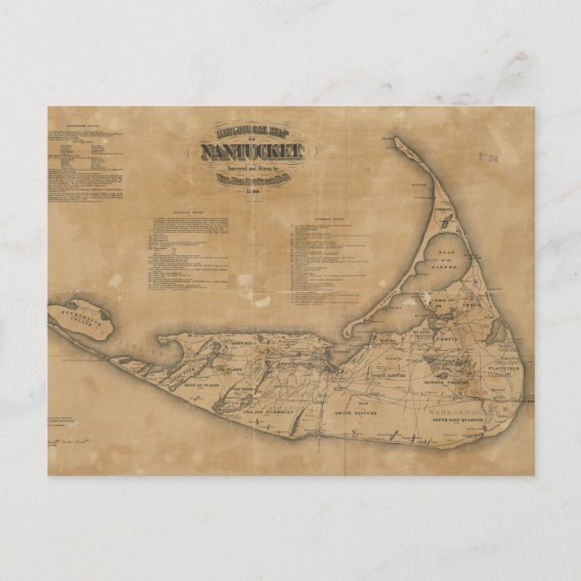 Cartão Postal Mapa Antigo de Nantucket (1869) (Frente)