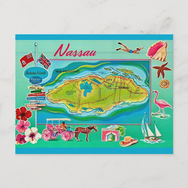 Cartão Postal Mapa Antigo de Nassau Bahamas (Frente)