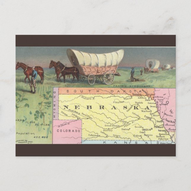 Cartão Postal Mapa Antigo de Nebraska (Frente)