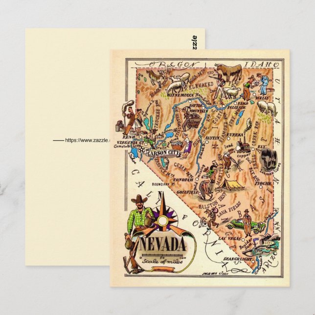Cartão Postal Mapa Antigo de Nevada (Frente/Verso)