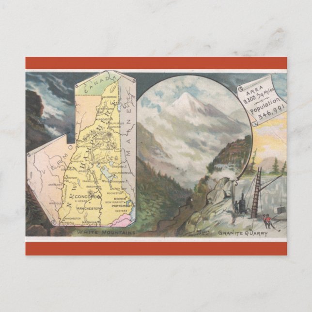 Cartão Postal Mapa Antigo de New Hampshire (Frente)