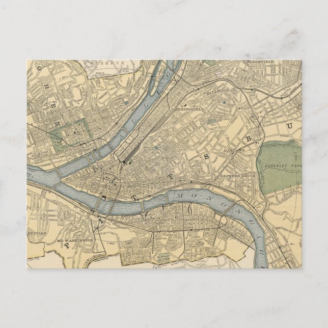 Cartão Postal Mapa Antigo de Pittsburgh PA (1891) (Frente)