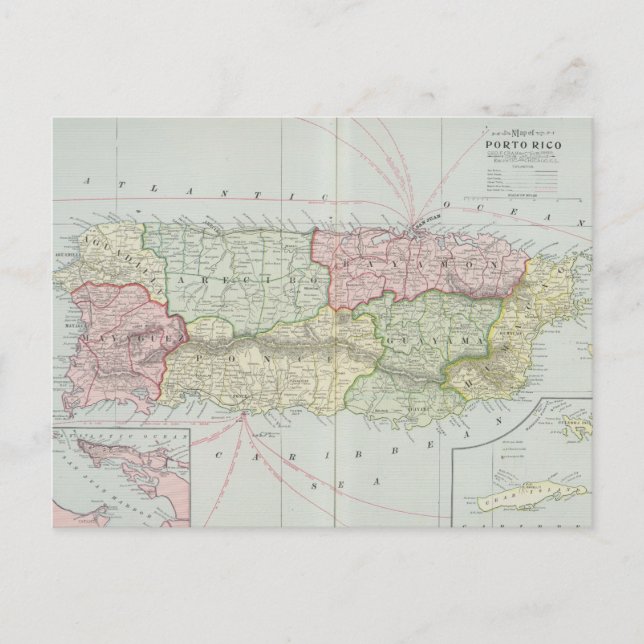 Cartão Postal Mapa Antigo de Porto Rico (1901) (Frente)