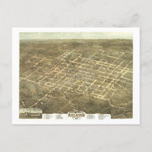 Cartão Postal Mapa antigo de Raleigh, Carolina do Norte, 1872
