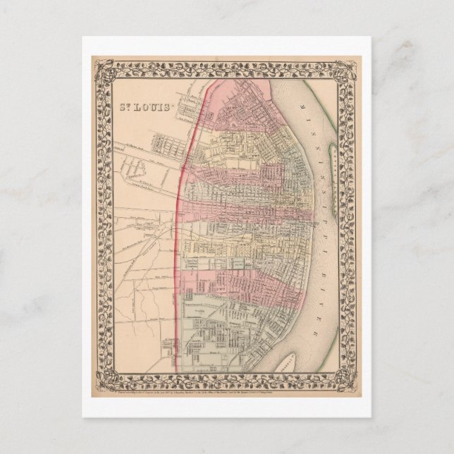 Cartão Postal Mapa antigo de Ruas 1868. Louis, Missouri, (Frente)