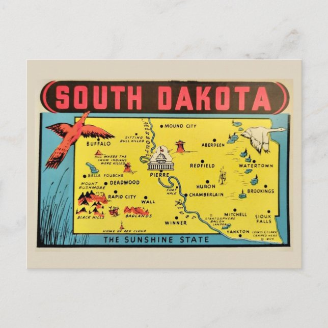 Cartão Postal Mapa Antigo de South Dakota (Frente)