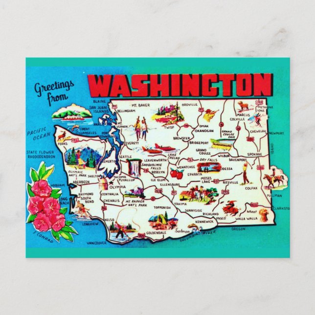 Cartão Postal Mapa Antigo de Washington (Frente)