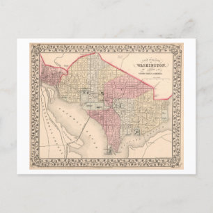 Cartão Postal Mapa antigo de Washington, DC, em 1868