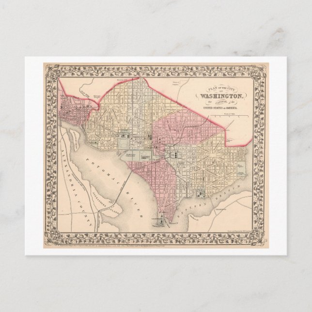 Cartão Postal Mapa antigo de Washington, DC, em 1868 (Frente)