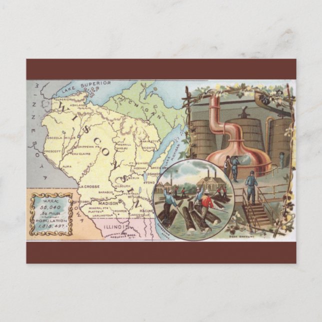 Cartão Postal Mapa Antigo de Wisconsin (Frente)
