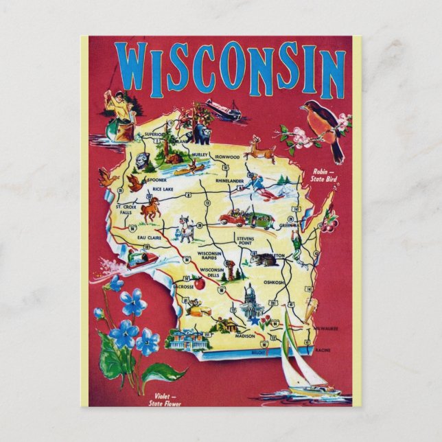 Cartão Postal Mapa Antigo de Wisconsin  (Frente)