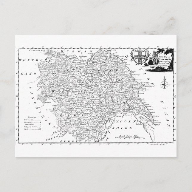 Cartão Postal Mapa antigo de Yorkshire 1786 (Frente)