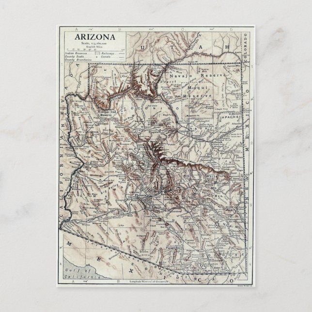 Cartão Postal Mapa Antigo do Arizona (1911) (Frente)