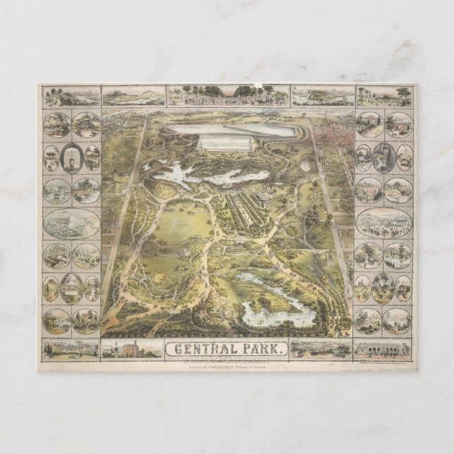 Cartão Postal Mapa Antigo do Central Park, Nova York, 1863 (Frente)