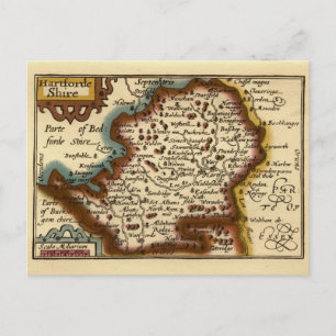 Cartão Postal Mapa Antigo do Condado de Hertfordshire, Inglaterr