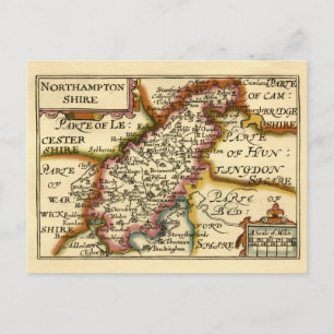 Cartão Postal Mapa Antigo do Condado de Northamptonshire, Inglat
