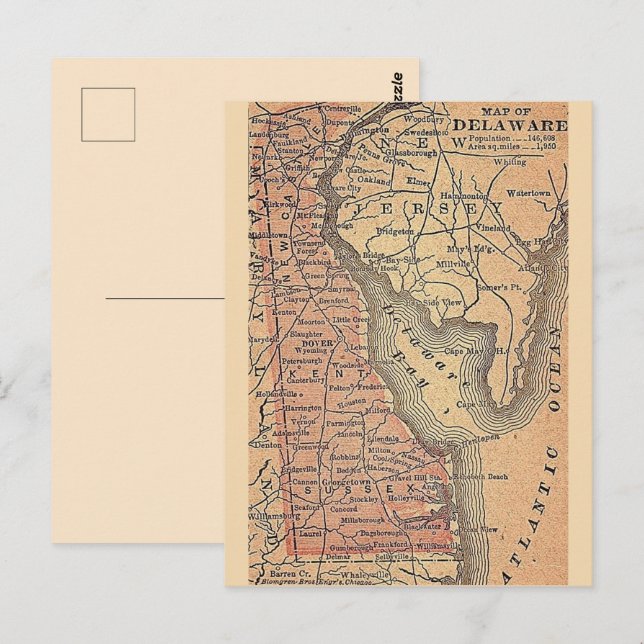 Cartão Postal Mapa Antigo do Estado de Delaware  (Frente/Verso)