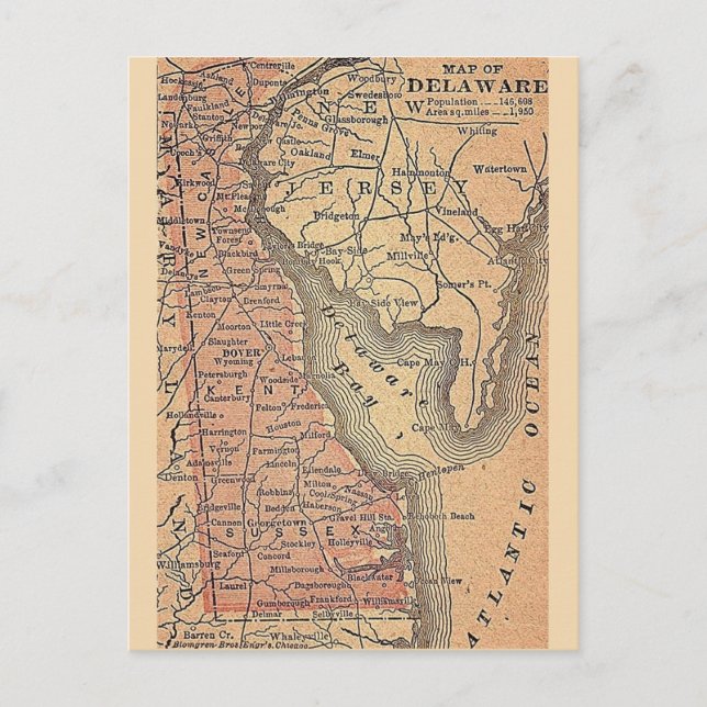 Cartão Postal Mapa Antigo do Estado de Delaware  (Frente)