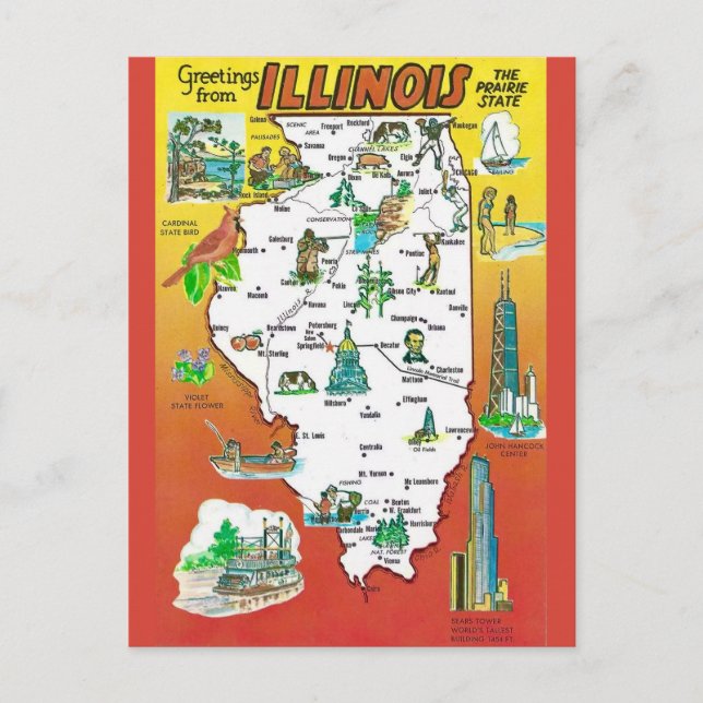 Cartão Postal Mapa antigo do estado de Illinois (Frente)