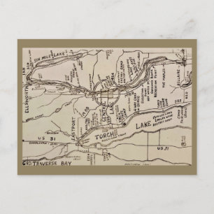 Cartão Postal Mapa Antigo do Lago Torch Michigan