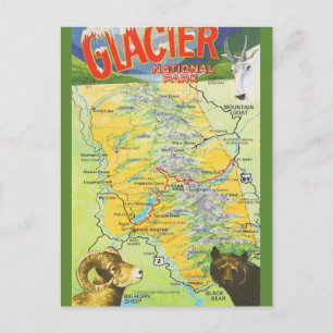 Cartão Postal Mapa Antigo do Parque Nacional Glacier
