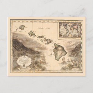 Cartão Postal Mapa antigo do Sanduíche Isles Hawaii 1700
