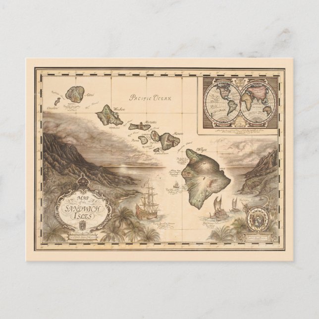 Cartão Postal Mapa antigo do Sanduíche Isles Hawaii 1700 (Frente)