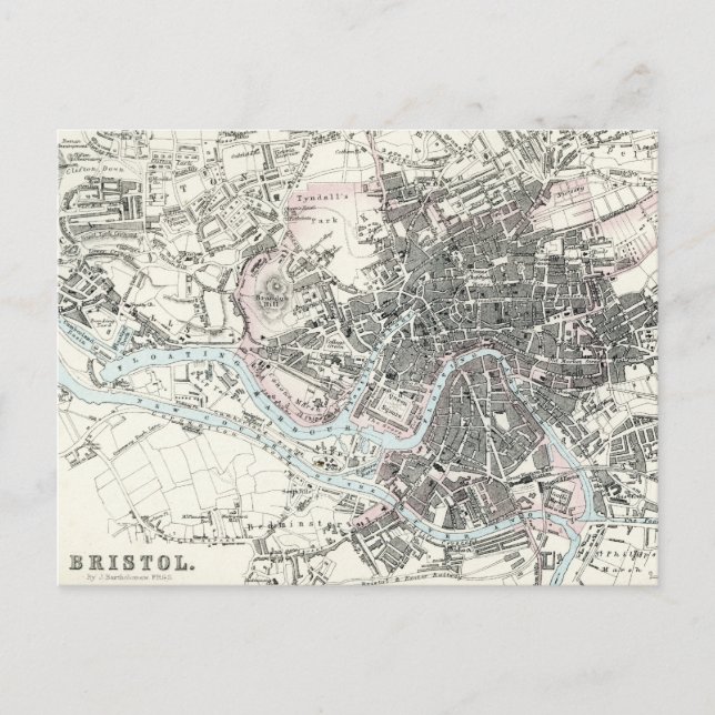 Cartão Postal Mapa antigo do século 19 de Bristol Inglaterra (Frente)