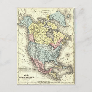 Cartão Postal Mapa antigo do século XIX da América do Norte