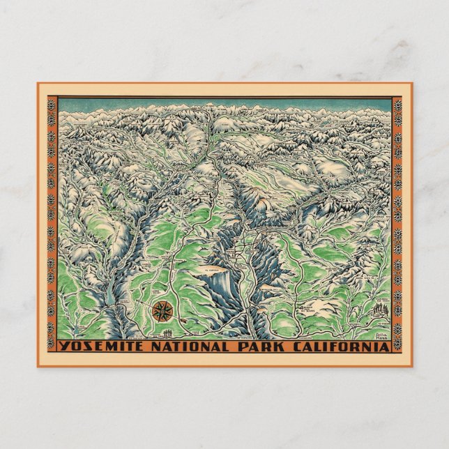 Cartão Postal Mapa Antigo do Yosemite (Frente)
