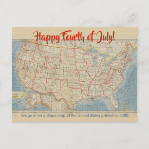 Cartão Postal Mapa Antigo dos Estados Unidos do Dia Quatro de Ju
