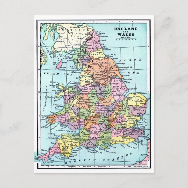 Cartão Postal Mapa Antigo - Inglaterra & País de Gales (Frente)