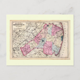 Cartão Postal Mapa Antiquado, Condado de Monmouth, NJ 1872 Vinta