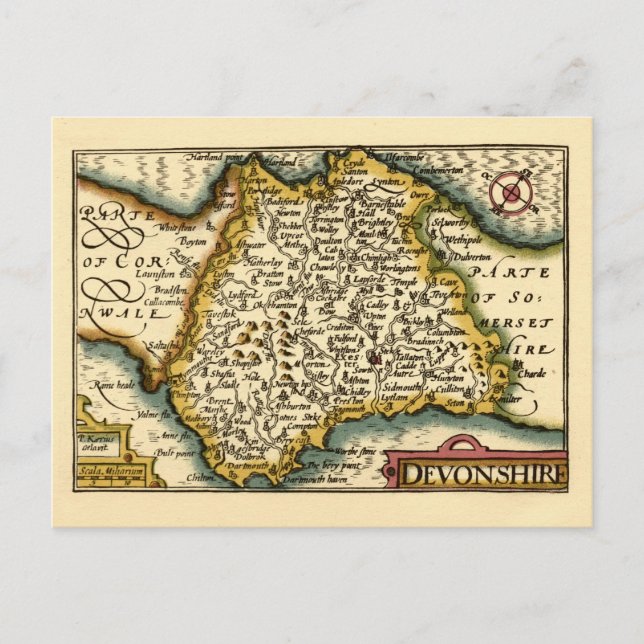 Cartão Postal Mapa Antiquário do Condado de Devon (Devonshire) (Frente)