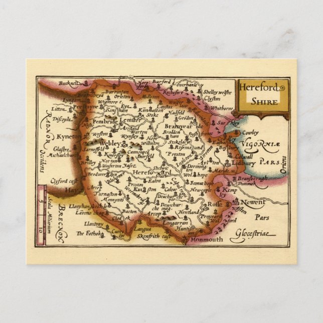 Cartão Postal Mapa Antiquário do Condado de Herefordshire Inglat (Frente)