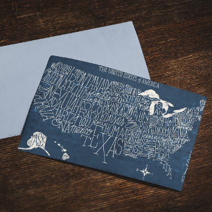 Cartão Postal Mapa Azul EUA com Letra Mão