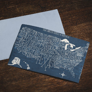Cartão Postal Mapa Azul EUA com Letra Mão